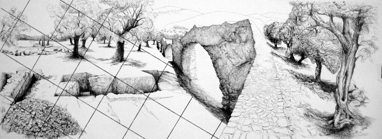 a drawing of a Greek landscape with olive trees, overlaid with a grid