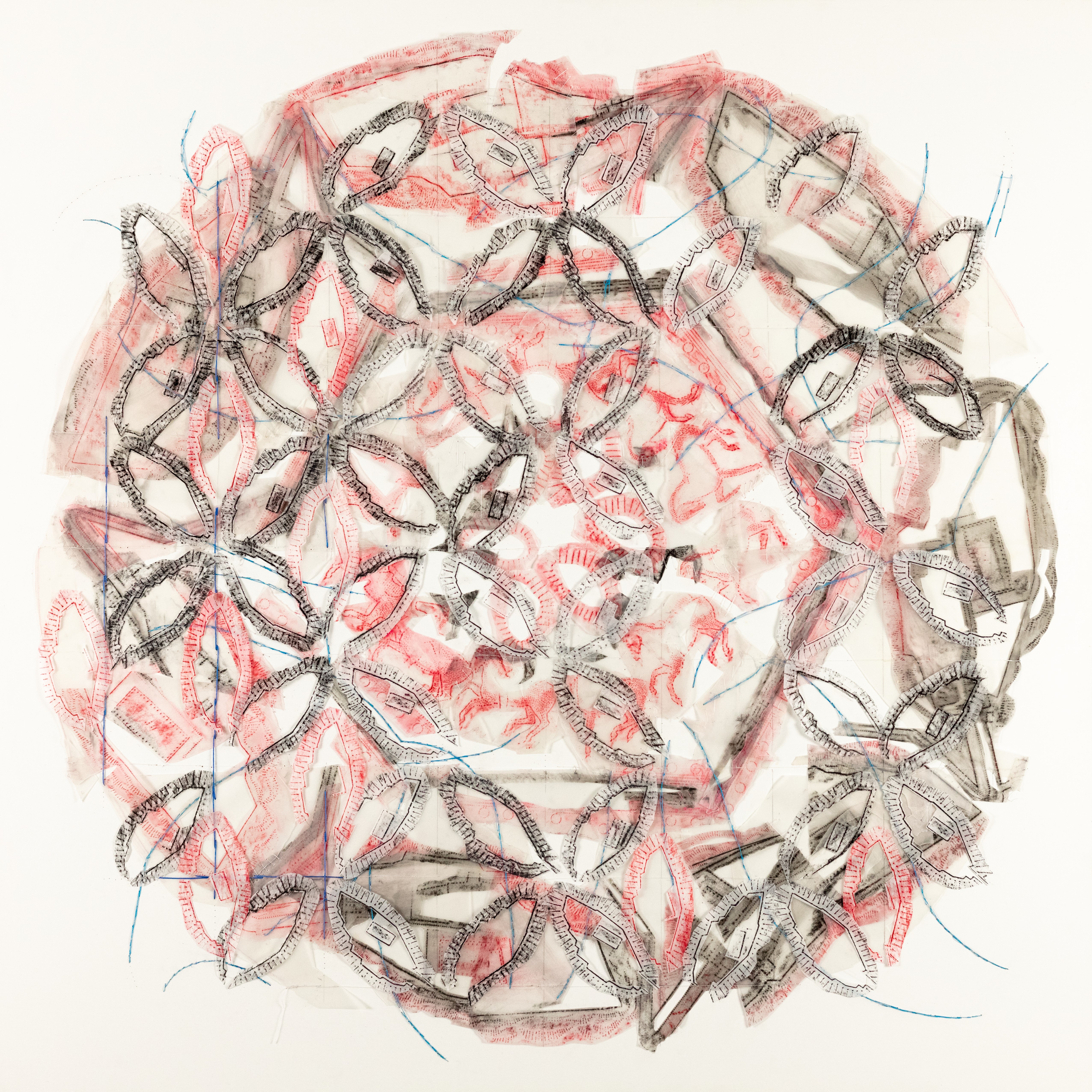 an abstract circular artwork, made up of black and red tracings and blue stitching