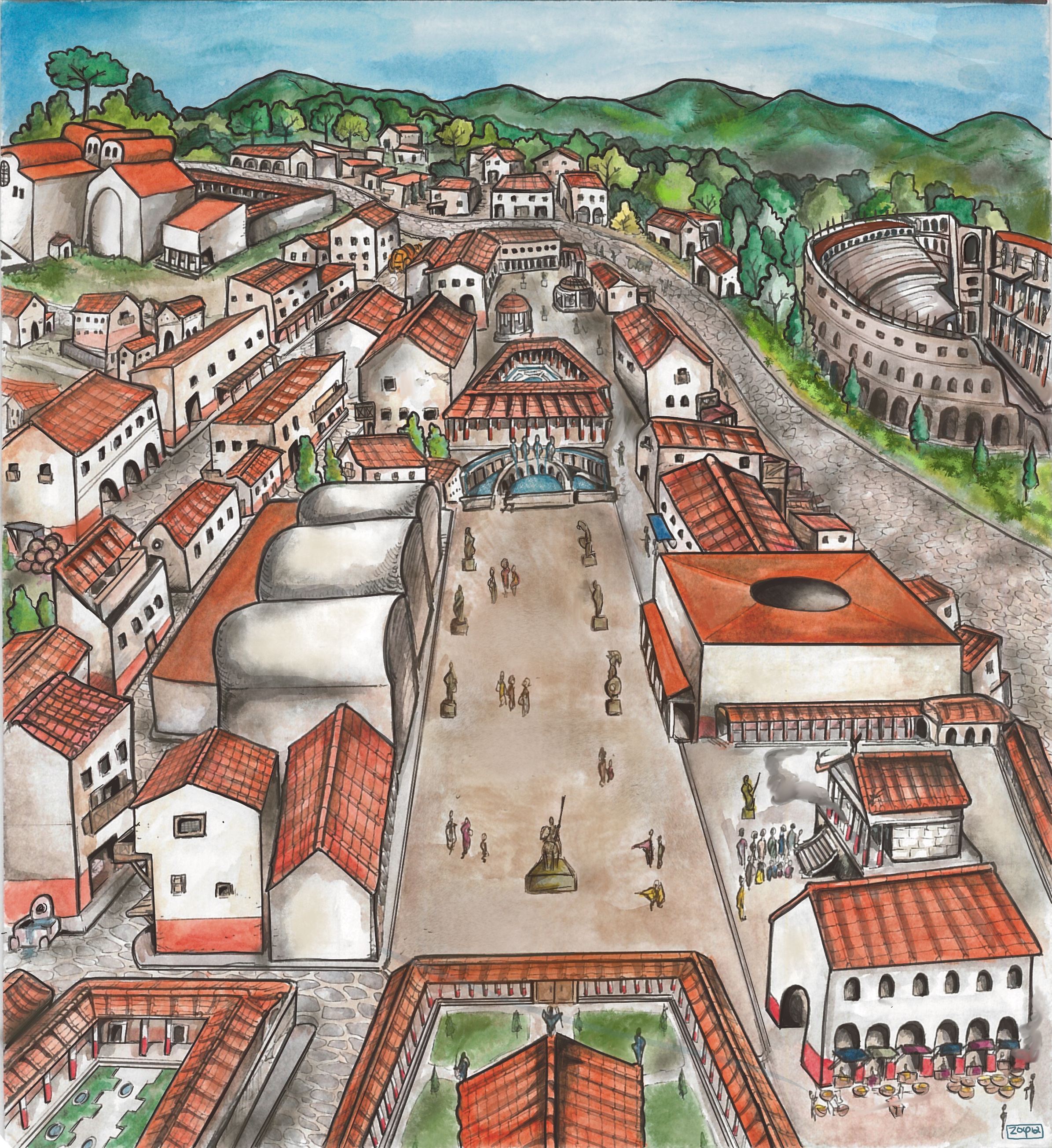 colour drawing of a Roman cityscape from above, with roofs, greenery and roads