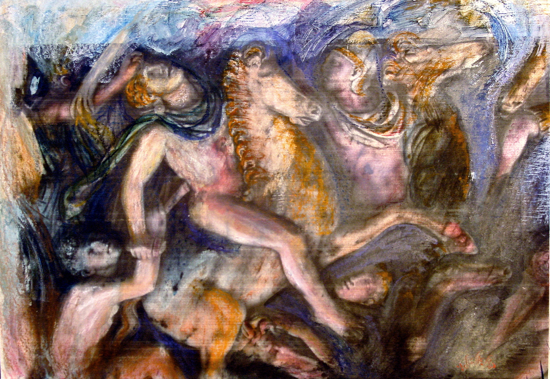 a painting of a naked figure on a rearing horse, with another figure pulling him from behind