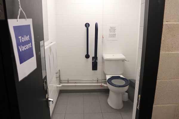 disabled toilet with compact transfer space, emergency pull cord and baby changing