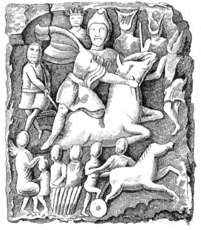 Figure 1: A drawing of the stone relief depicting Mithras found beneath Micklegate, York, in 1747 (Wellbeloved 1842, Plate IX). The site sits within the colonia.