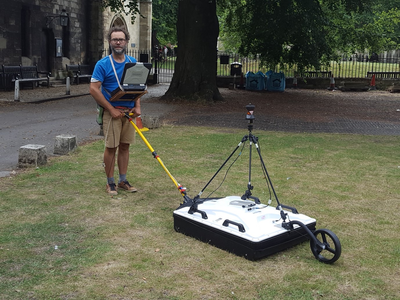 Figure 2: Lieven Verdonk (Ghent) tests out an innovative GPR array near to the Minster Library.