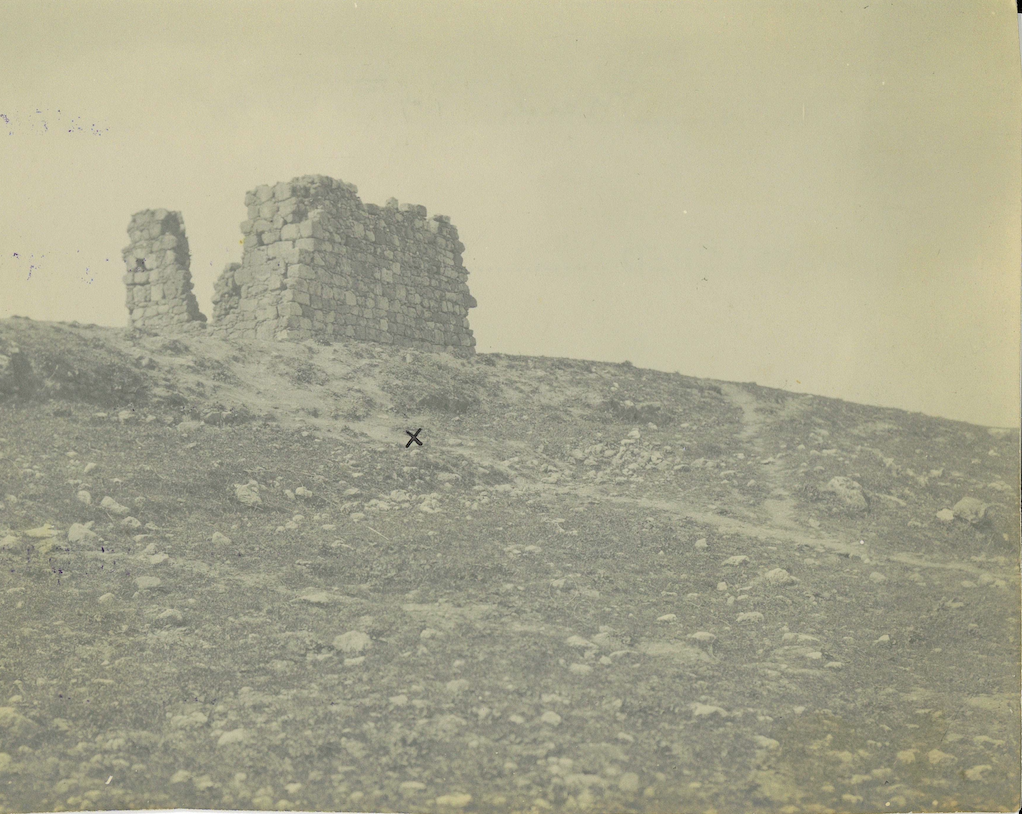 Site of DeCou’s death on the slope of the acropolis, Cyrene, 1911, written by Norton on the verso, ‘The place where he fell is marked with a cross’.