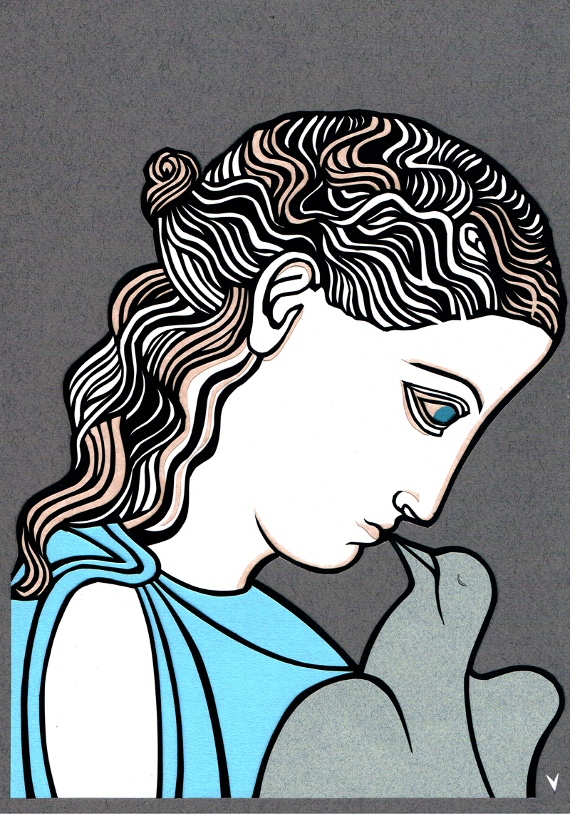 Paper cut image of a girl's head, leaning down to put her lips to a bird