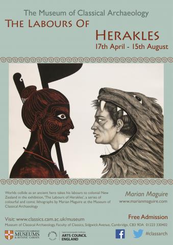 exhibition poster, Hercules in lionskin facing Maori man with spear