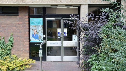 Step-free entrance to the building with ramp and automatic opening via push-button. There are plants next to the path