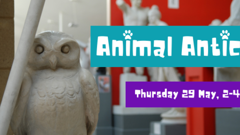 A statue of an owl with white text on teal and purple blocks that says 'Animal Antics. Thursday 29 May, 2-4pm.'