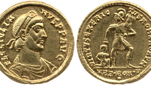 Front and back of a gold coin with the head of Julian the Apostate on one side.