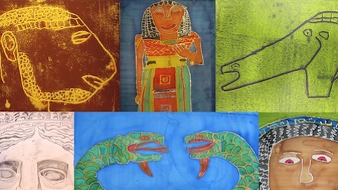 colourful collage: yellow head on brown, female figure in colourful dress, horse's head on green