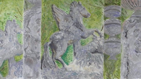 Paintings of stone urns, winged horses and female heads on green leafy background