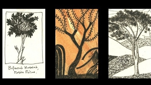 Three drawings of trees framed on a black background