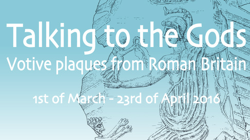 Talking to the Gods: an archaeological drawing of a metal plaque on a blue background