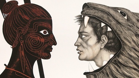 The Labours of Herakles: Herakles in a lionskin faces a Maori with face tattoos