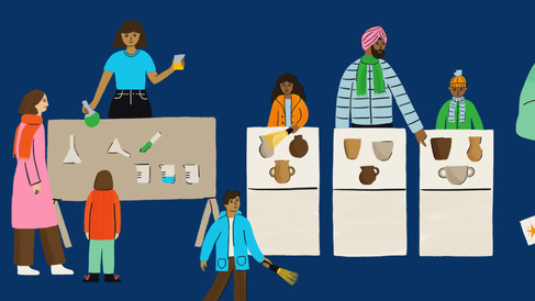 Digital illustration of families exploring museums