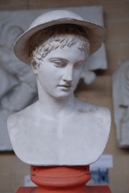 plaster cast of Hermes in a flat cap which looks like a helmet