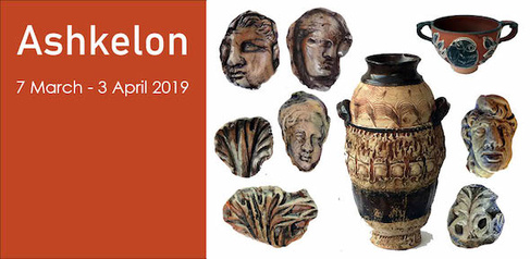 Ashkelon: small ceramic heads and vases, with white text on a terracotta colour