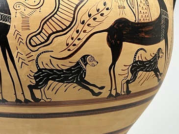 detail featuring two dogs, one under a horse