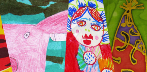 brightly coloured collage of drawings