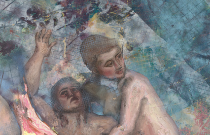 two women with arms and distressed(?) faces in the air against a blue background