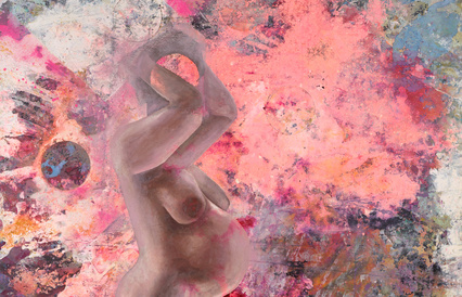 another heavily pregnant naked female body against a pink paint splash