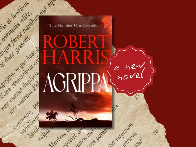 Image of Robert Harris' new novel Agrippa on a burgundy background and an extract of Horace