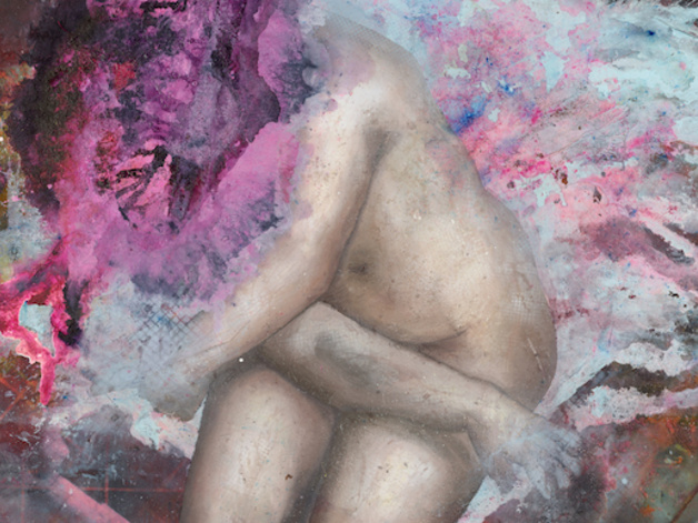 painting of a nude female figure, with pink paint splatter over face
