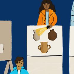 Digital illustration of families exploring museums
