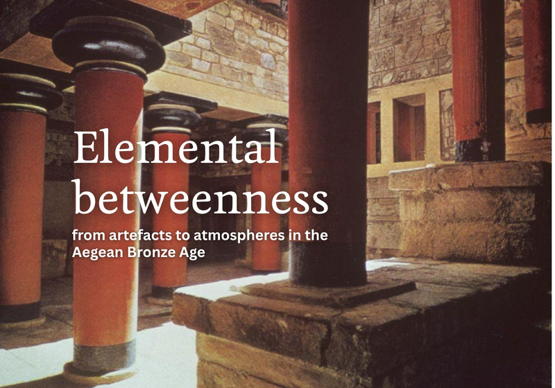 Lecture title on film photograph of the palace of Knossos showing the distinctive red columns 