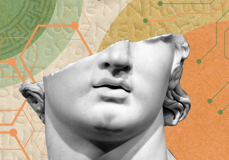 Fractured ancient bust on an orange and green background, with mordern shapes and ancient greek lettering