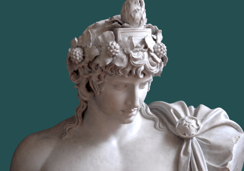 bust of young man naked but for a cloak on one shoulder, wearing an elaborate headdress with pine cones