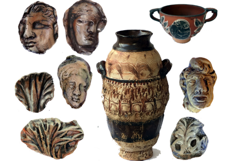 series of terracotta works (faces, pots, floral shapes) on white background