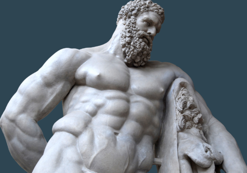 upper torso of Hercules, with extreme musculature, against a dark blue background