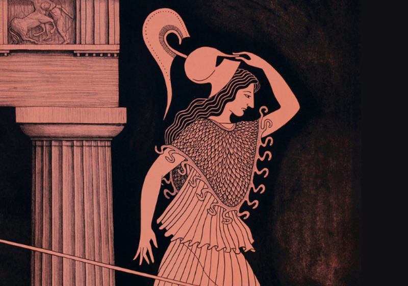 black and peach lithograph of Athena, throwing away her arms as she steps out of a temple