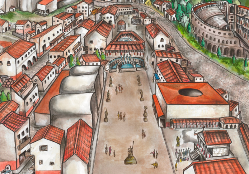 colourful drawing of ancient cityscape, with civic space, theatre and other buildings