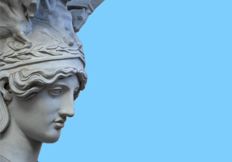 head of Athena in elaborate helmet on blue background