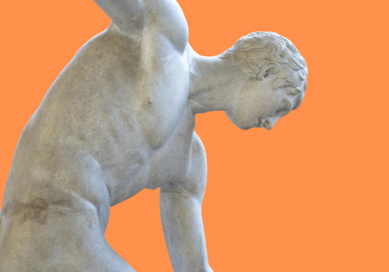 athletic statue throwing discus against orange background
