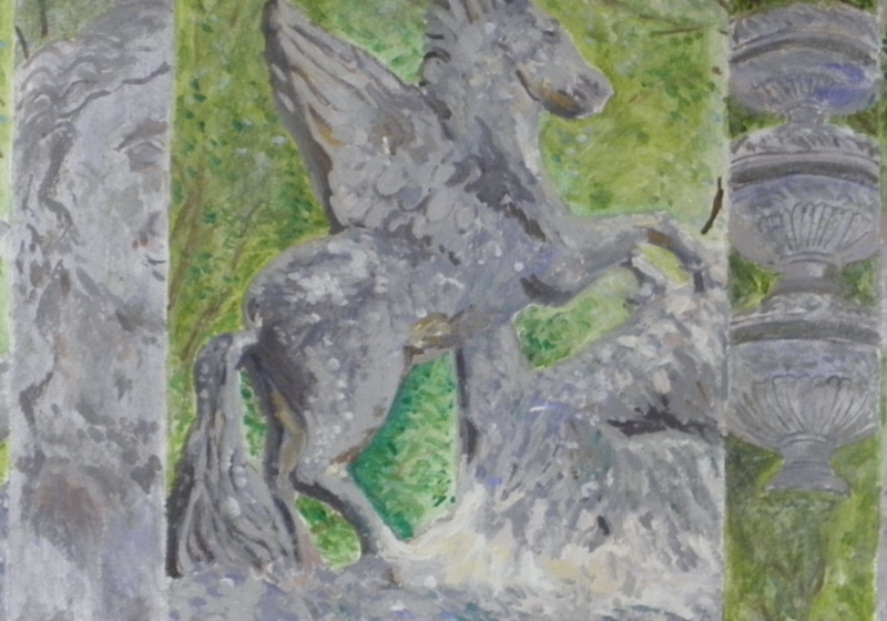painting of winged horse on green background, rearing up