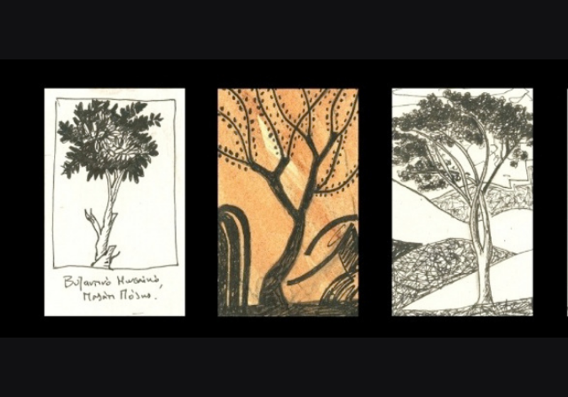 triptych of artworks featuring trees