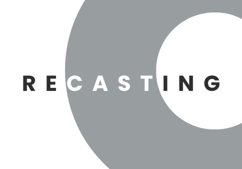 recasting, text on grey circle background