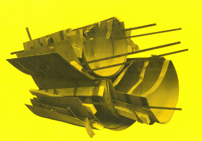 strange curved shapes with rods, on yellow background