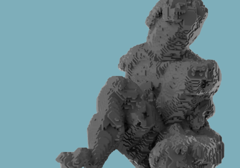 a distorted 3D printed sculpture of a figure, derived from machine learning, against a blue background