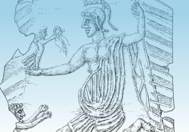 line drawing of figure on ancient silver plaque, overlaid on ombre blue background