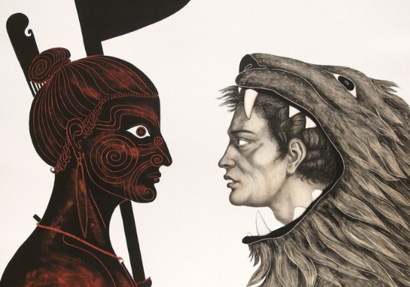 lithograph of a Maori warrior facing Hercules in a lion skin