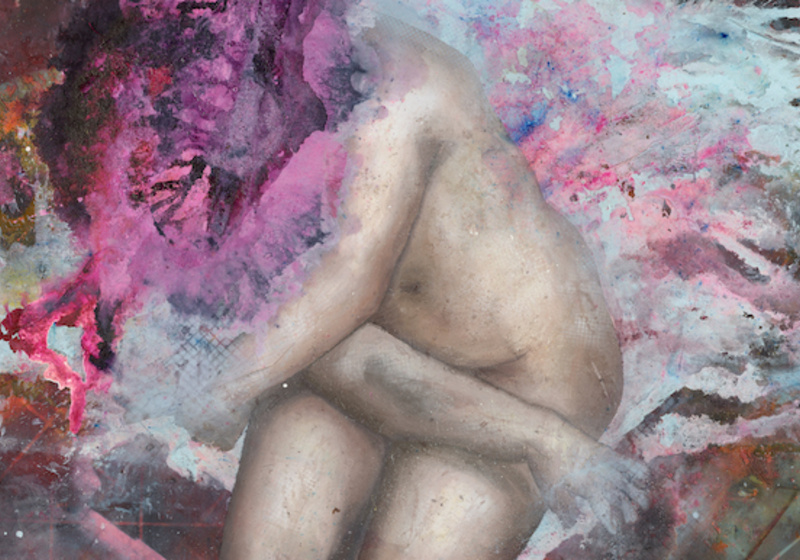 painting of a nude female figure, with pink paint splatter over face