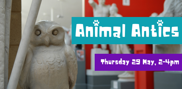 A statue of an owl with white text on teal and purple blocks that says 'Animal Antics. Thursday 29 May, 2-4pm.'