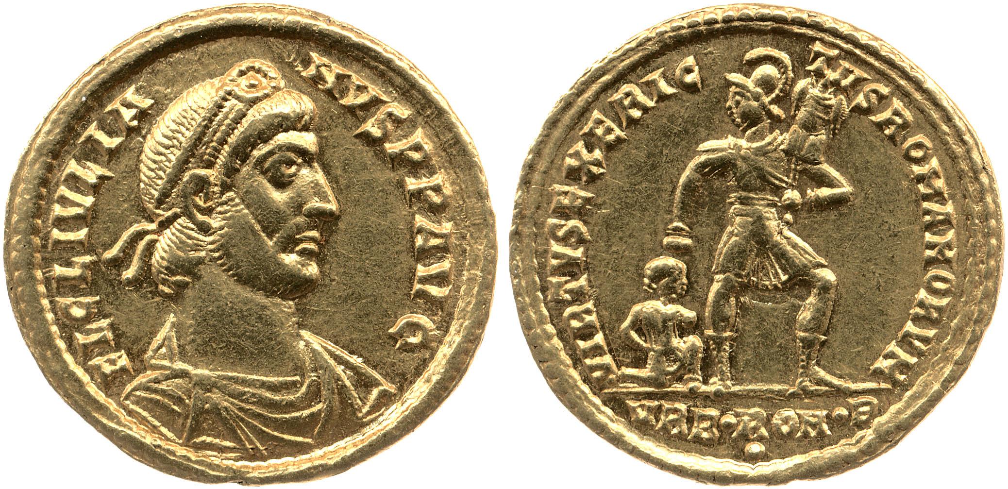 Image, gold coin of Emperor Julian. © The Trustees of the British Museum. Front and back of a gold coin with the head of Julian the Apostate on one side.