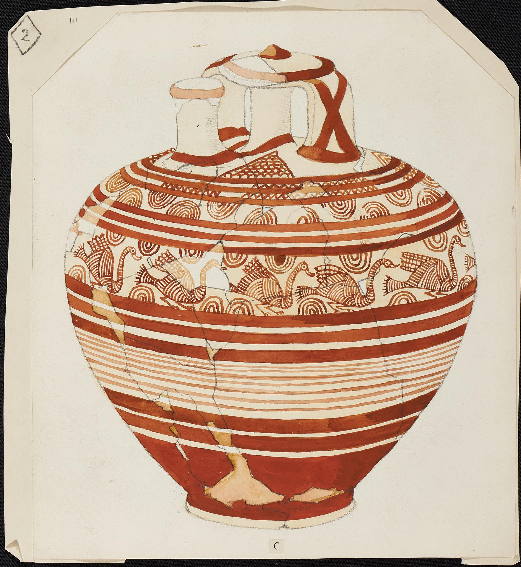 Watercolour drawing of a stirrup-vase from the East Basement of the Granary, Mycenae, 1920-1923, ©British School at Athens Launch of Digital Mycenae on the Cambridge Digital Library