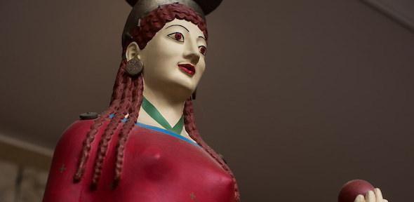 None Painted face of the Peplos Kore, with red lips and eyes