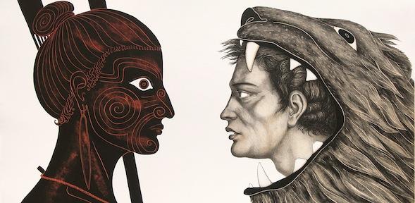 The Labours of Herakles: Herakles in a lionskin faces a Maori with face tattoos
